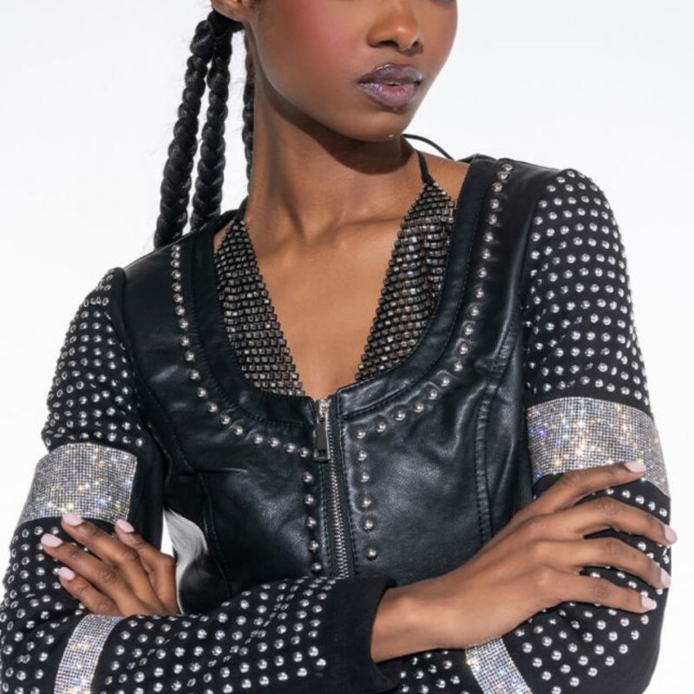 (BRAND NEW) BLACK EMBELLISHED WOMEN'S MOTO JACKET - BRAND NEW. EXCELLENT QUALITY